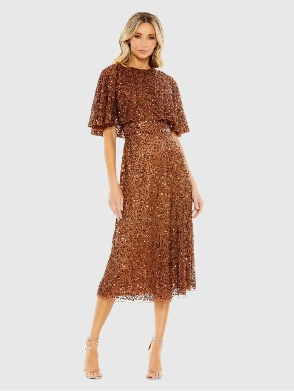 NWT Mac Duggal 5577 Brown Embellished Cape High Neck Midi Dress Size 24